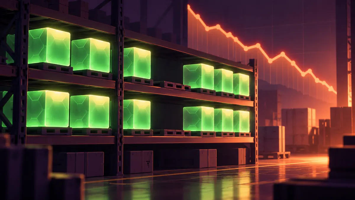 Illustration of glowing green cubes on shelves with a declining chart on the wall