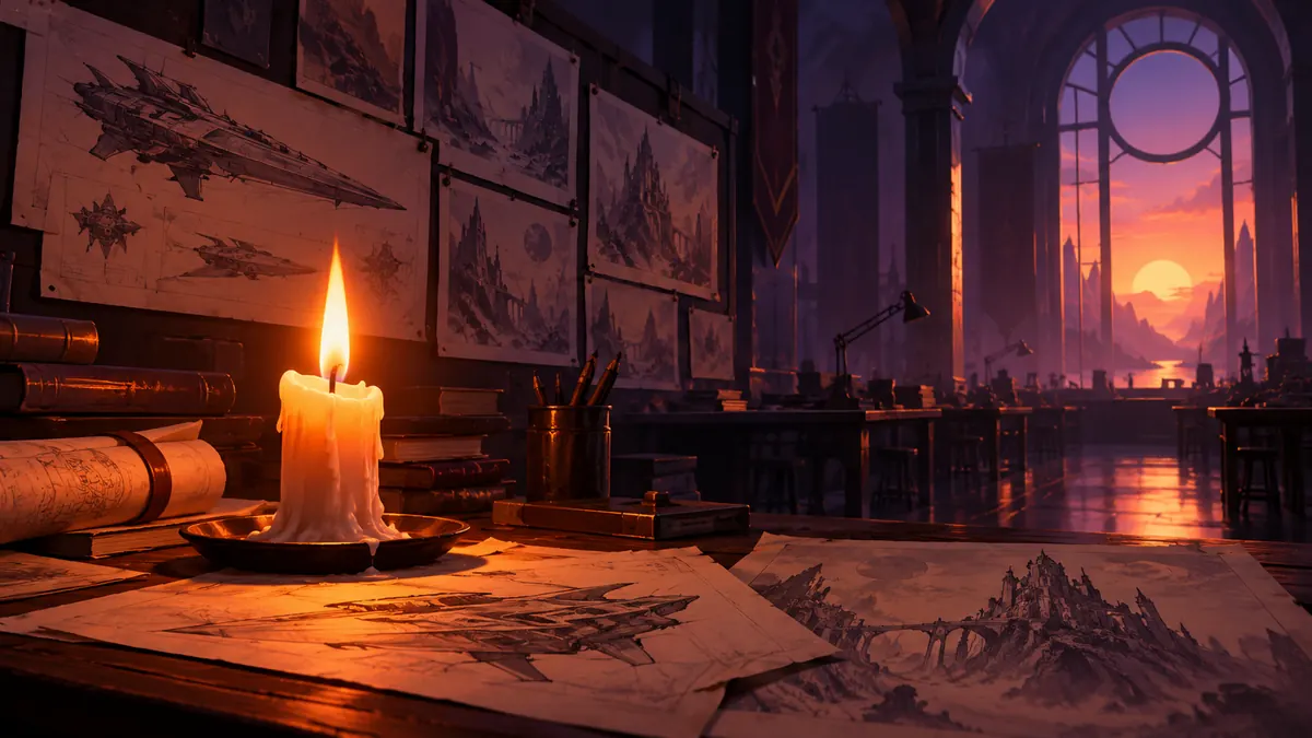 An empty dim studio hall with dark desks, concept sketches pinned to a wall and a single candle burning
