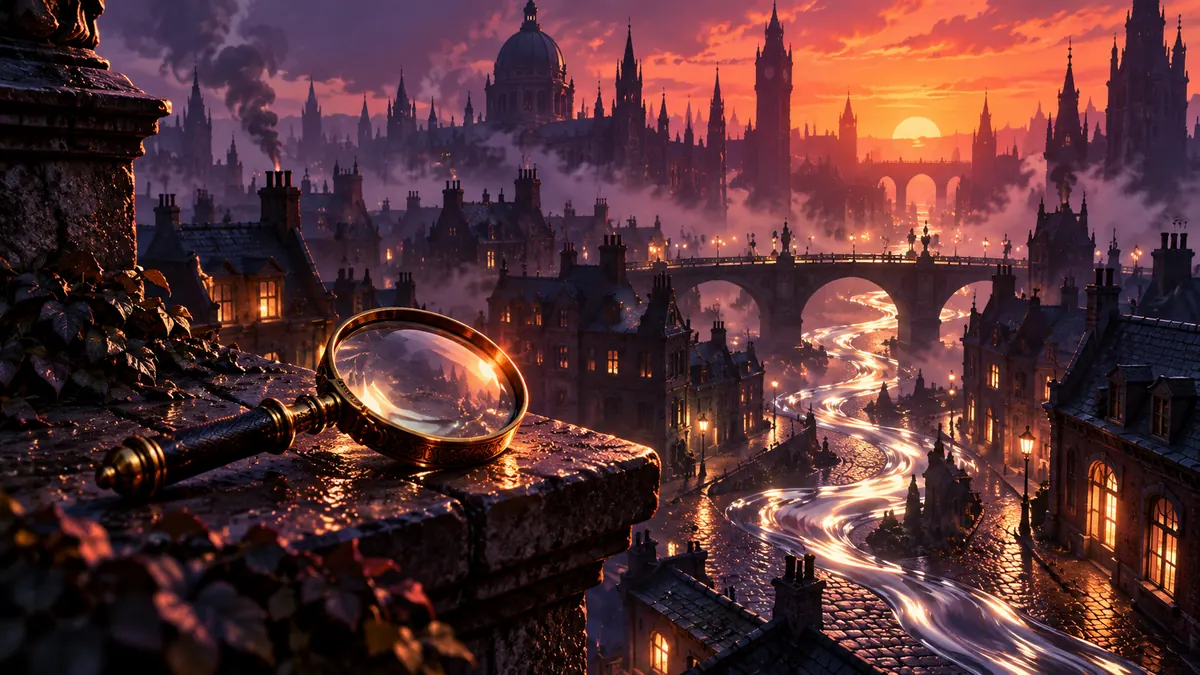 Illustration of a misty Victorian-style city at dusk with glowing silver liquid running through its streets