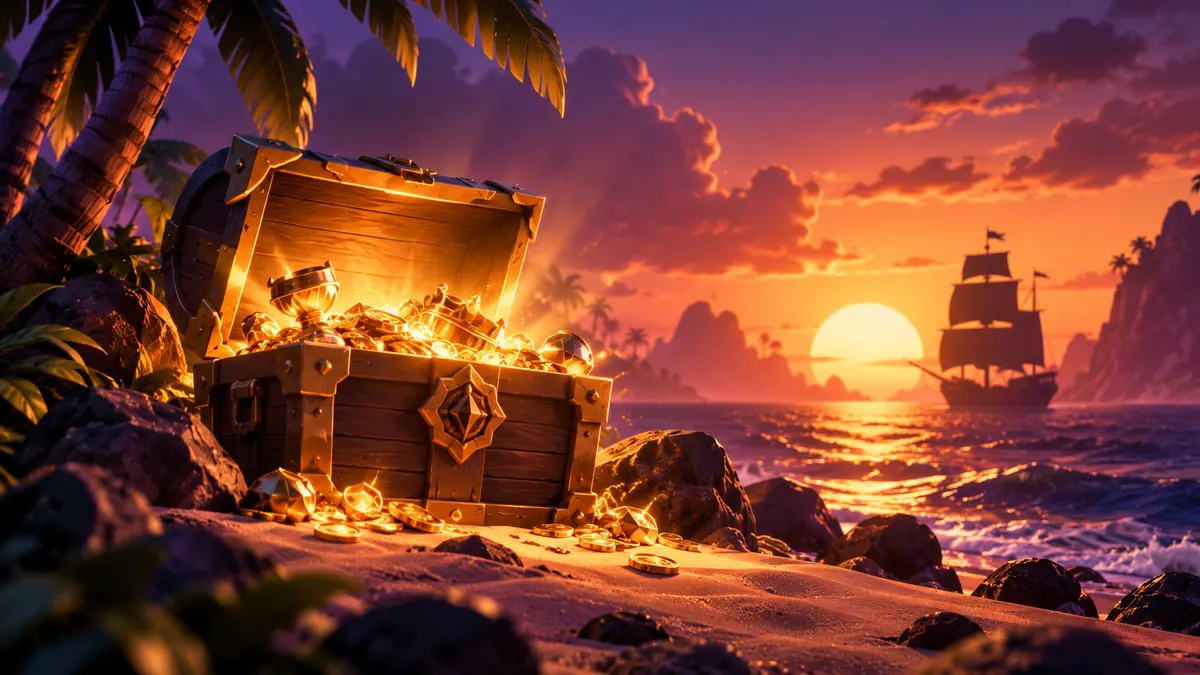 An abstract illustration of a glowing treasure chest on a tropical island at sunset, with a sailing ship on the horizon.