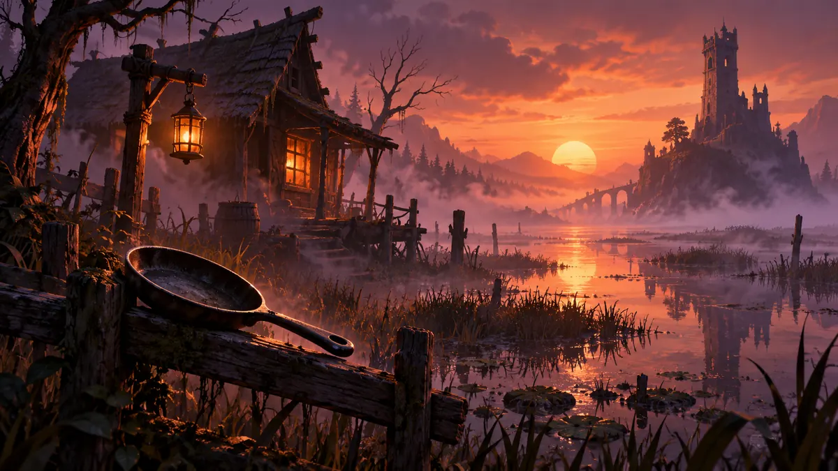 A misty swamp at dawn with a crooked hut, a lantern, a frying pan on a fence and a distant tower