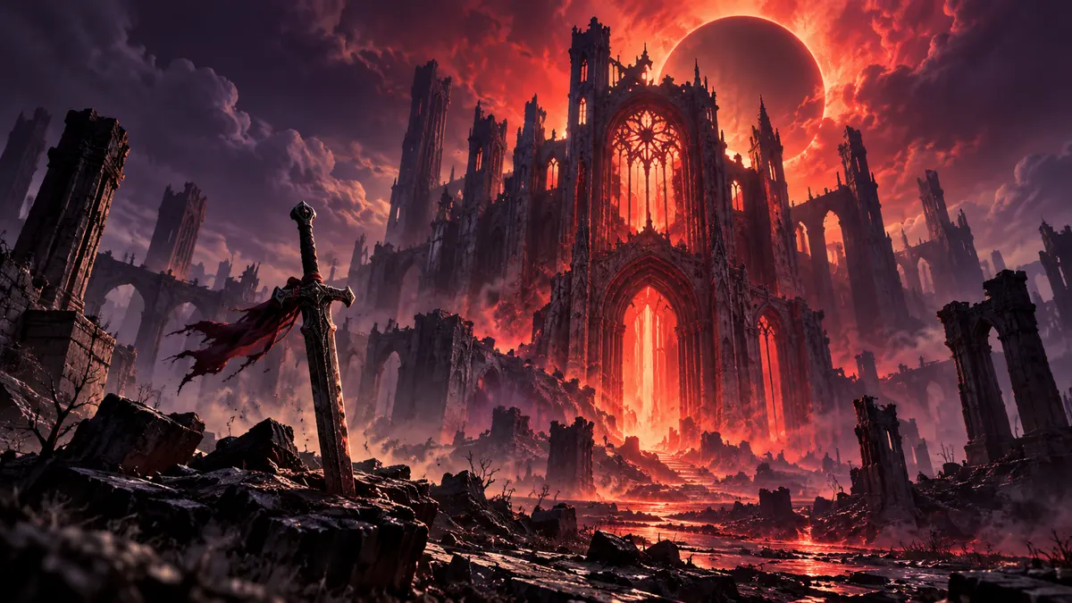 A lone sword before a ruined cathedral glowing with demonic red light