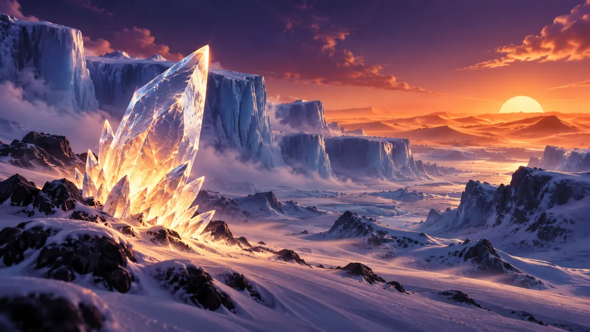 A frozen polar landscape of blue ice cliffs and tundra, with warm desert dunes on the distant horizon