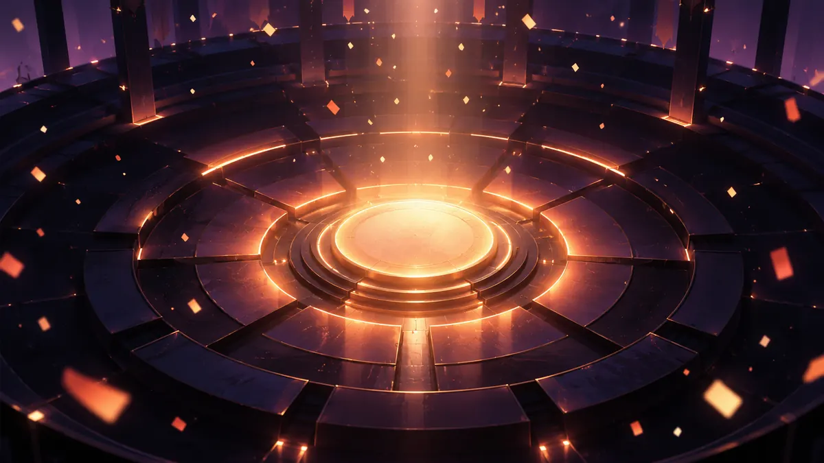 An arena floor seen from above with its lights going out section by section toward a bright centre