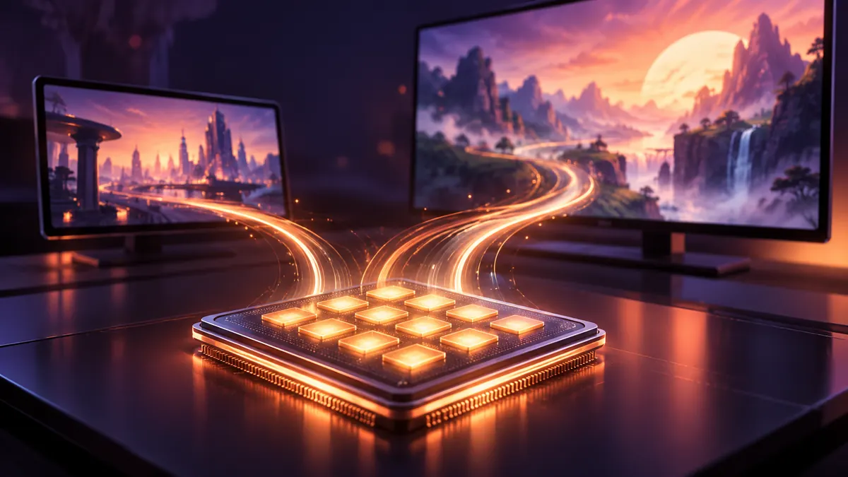 A glowing twelve-core chip on dark glass with light trails rising toward two blurred screens