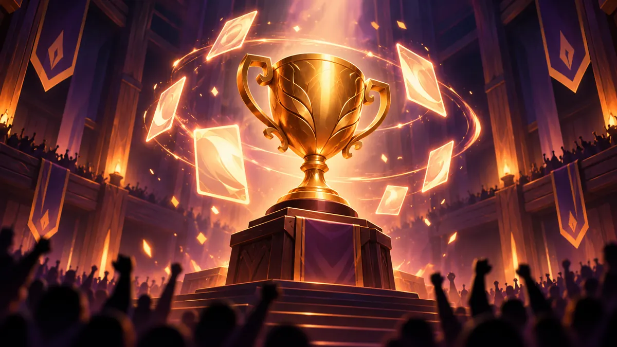 Glowing cards orbit a golden trophy