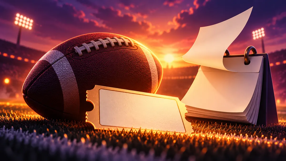 An American football beside a free ticket on glowing turf
