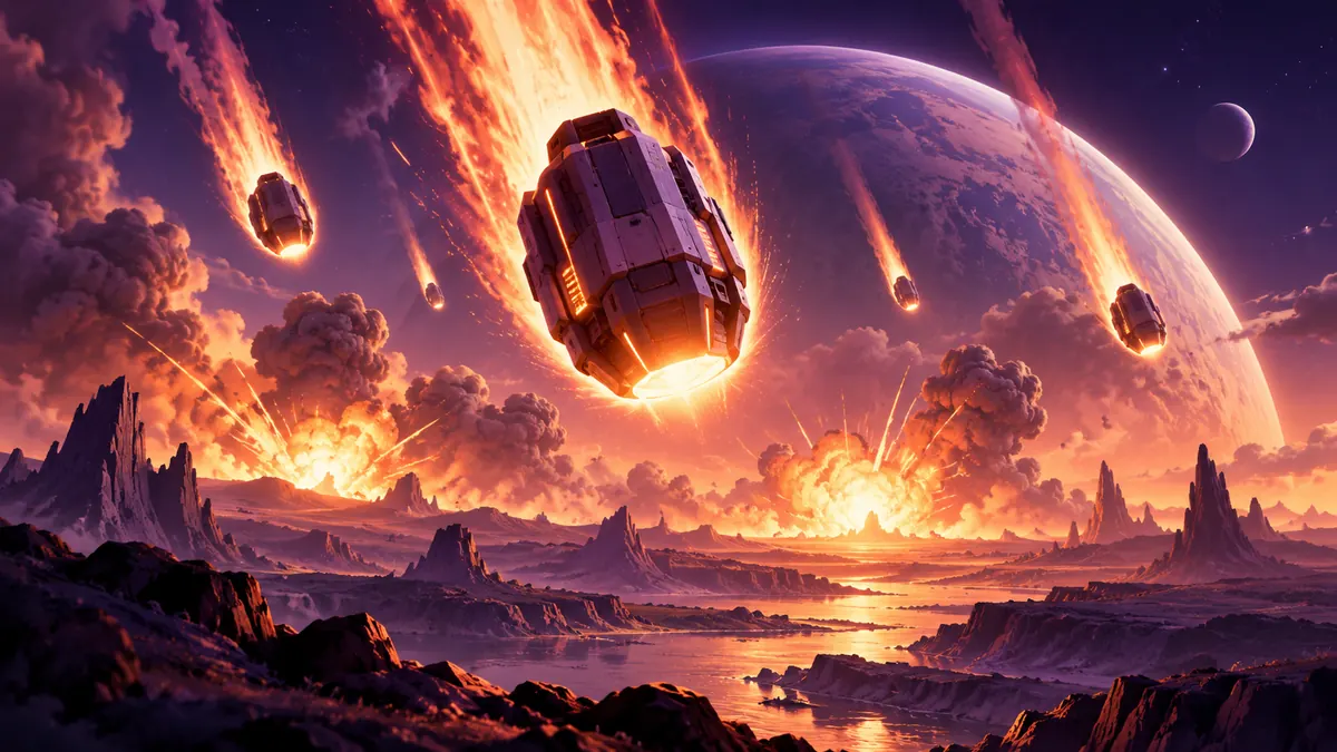 Drop pods streak through explosions over an alien world