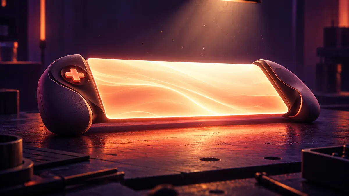 An abstract glowing slab with grip shapes on a workbench, a small cross-shaped button glowing dimly red
