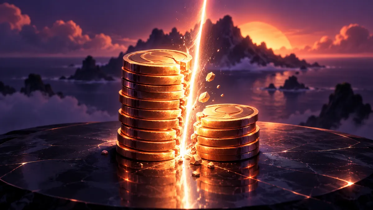 A beam of light dividing a stack of glowing coins into two piles, with an island silhouette behind.