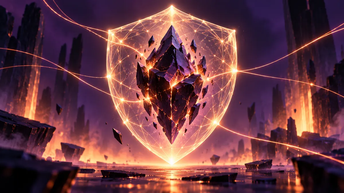 Abstract illustration of a glowing lattice shield around a crystal core.