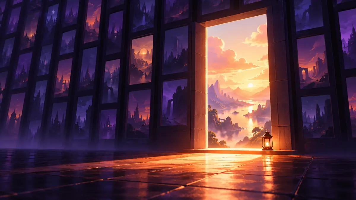 A glowing doorway in a dark wall of tiled windows opening onto a bright landscape, a small lantern on the threshold