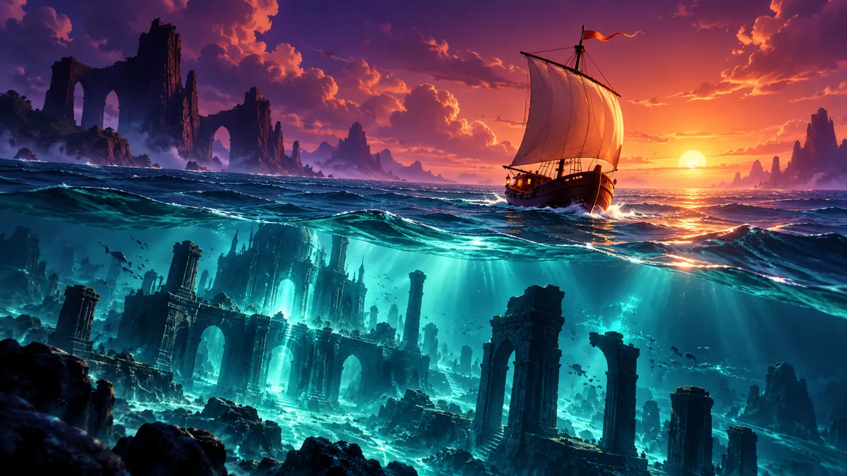 A small sailing ship on a glowing turquoise sea above luminous sunken ruins.