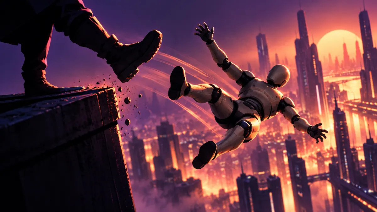 A silhouetted kick sends a featureless dummy off a rooftop, frozen mid-air above glowing city lights