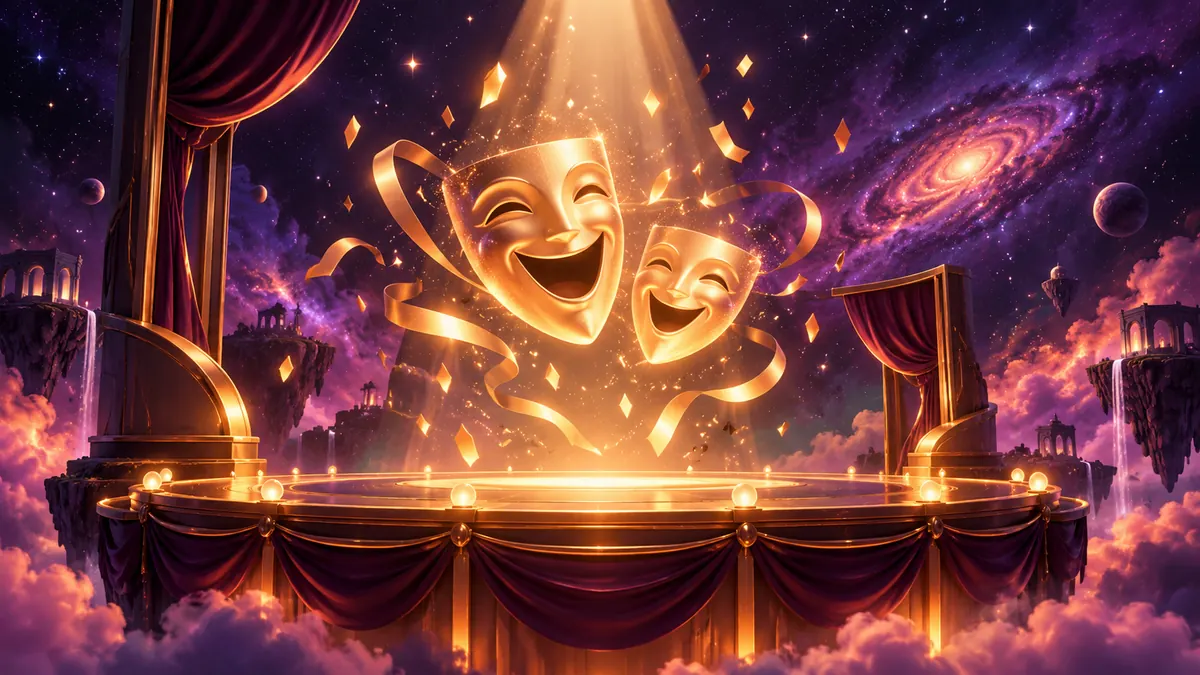 Abstract illustration of a floating star-lit stage with golden confetti under a spotlight