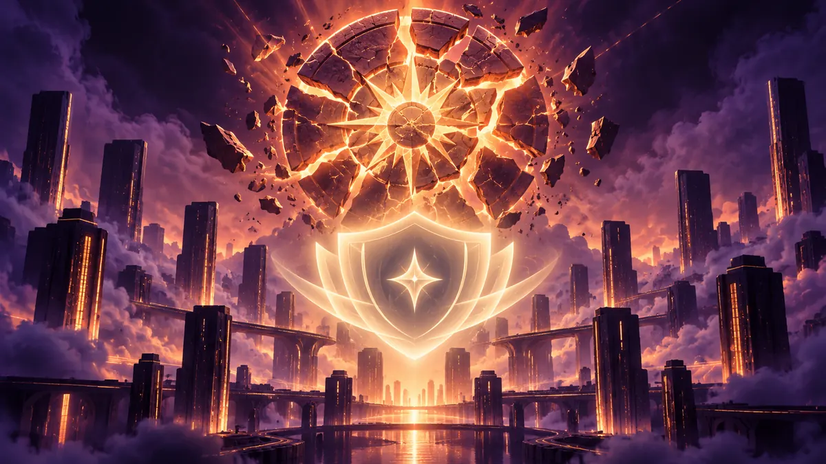 A glowing seal cracking apart above a city of data towers as a shield of light slides beneath it