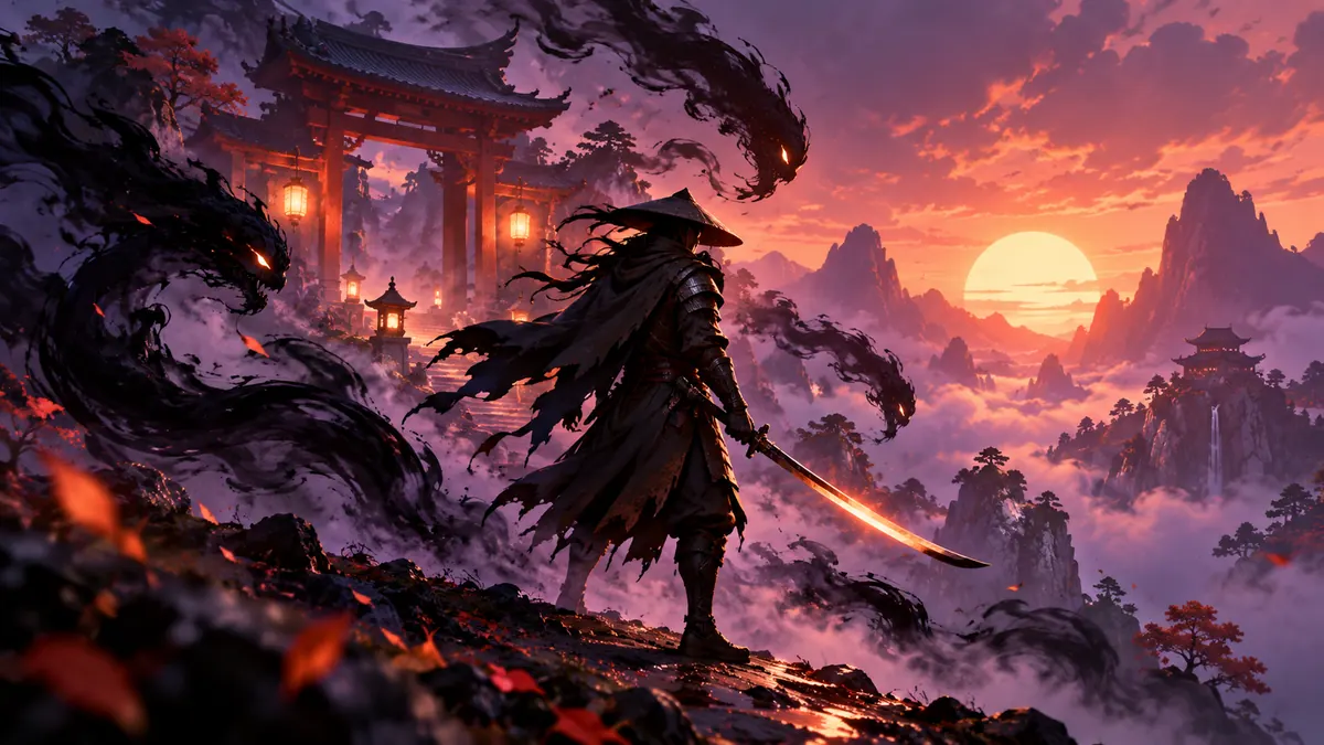 A lone warrior silhouette with a curved blade on a misty mountain path at dawn, dark spirits curling around them
