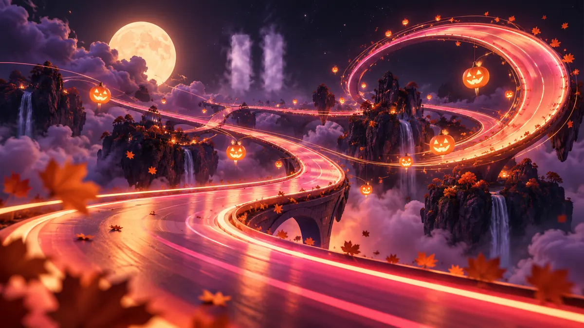 Abstract illustration of a glowing race track in an autumn night sky with frozen light streaks