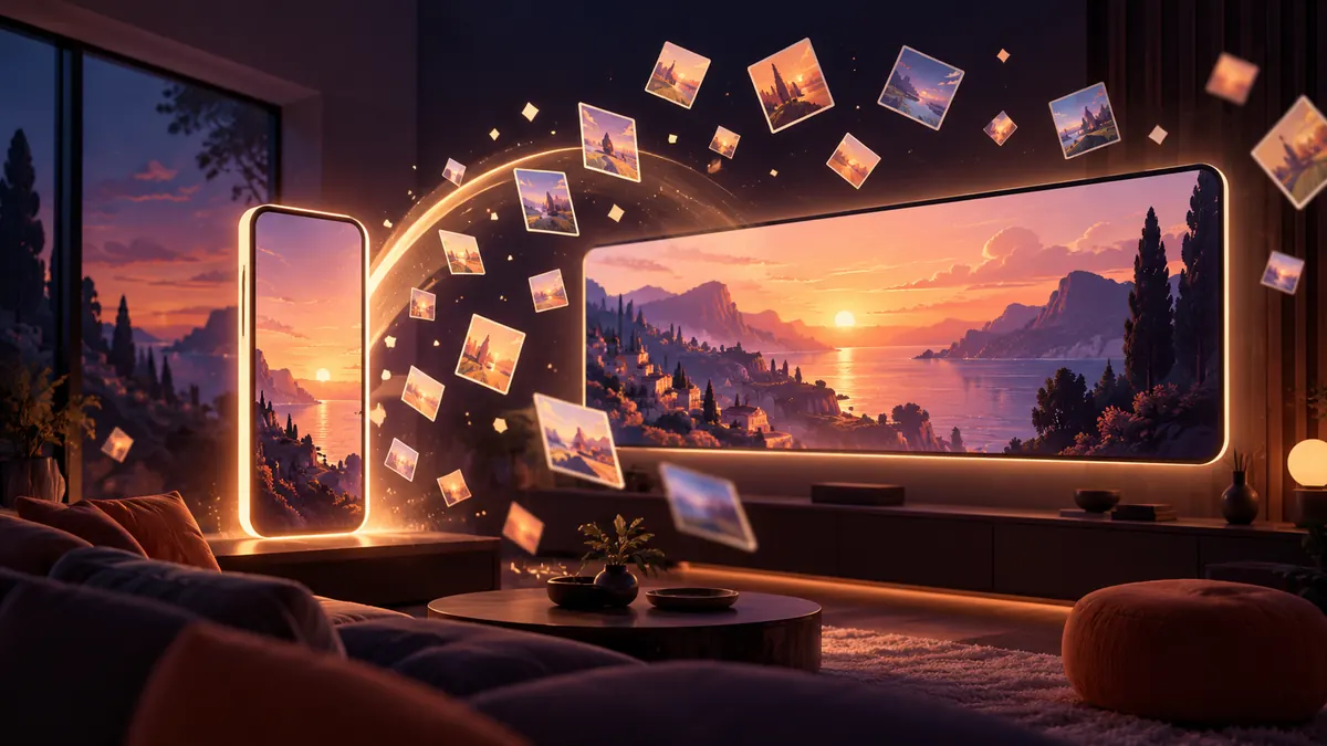 A tall glowing frame rotating sideways into a wide cinema screen in a living room as small photo tiles float away