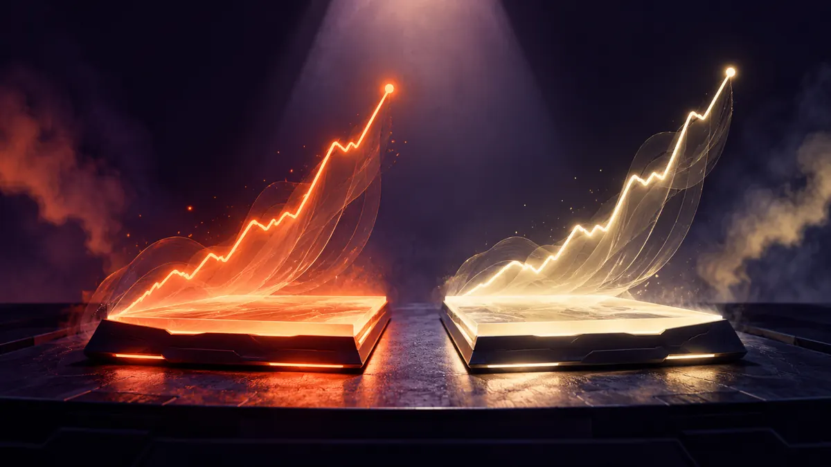 Two glowing abstract slabs on a workbench, each trailing a different coloured benchmark line upward