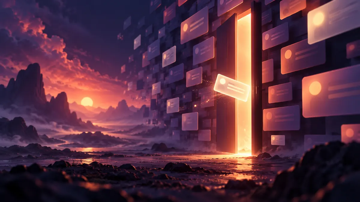 Abstract illustration of a half-closed glowing doorway in a wall of floating message cards