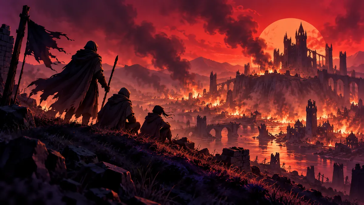 Survivors watch a burned kingdom under a blood-red sky