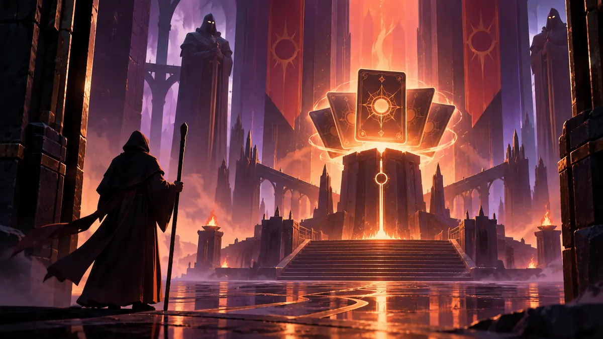 A card deck on an altar in a dark throne room with a monk at the gate