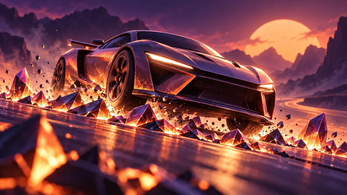 A sports car juddering over glowing shader shard bumps