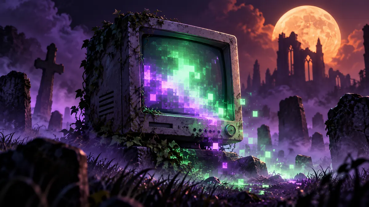 Illustration of an old boxy computer monitor glowing in a misty night-time graveyard