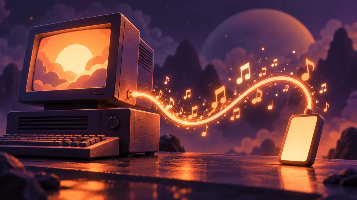 A glowing cable carries a stream of musical notes from a vintage desktop computer to a small pocket-sized slab of light