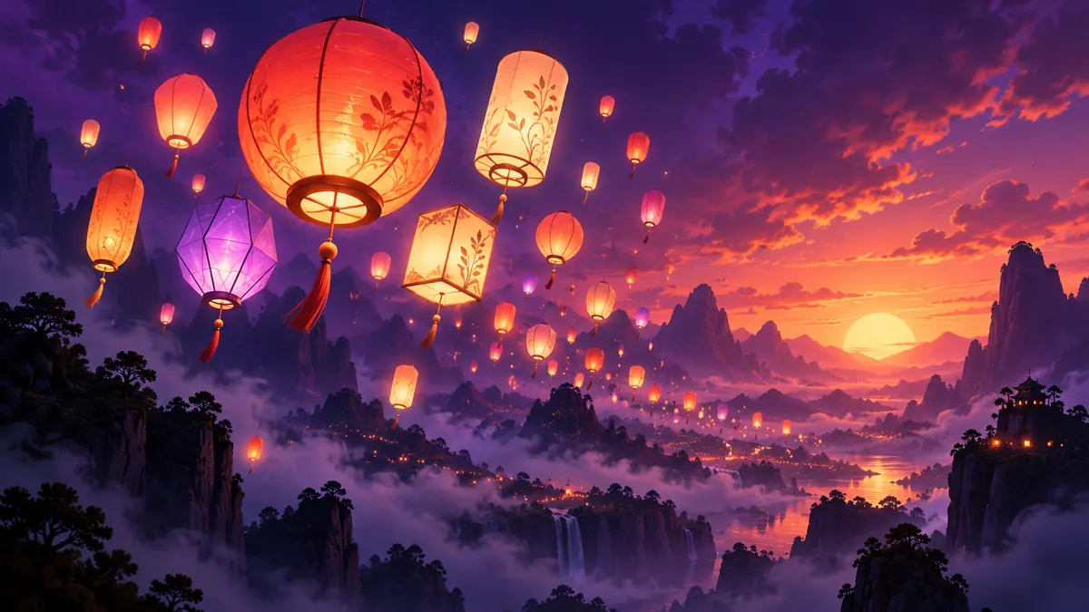 Abstract illustration of colourful glowing lanterns floating over a misty valley.