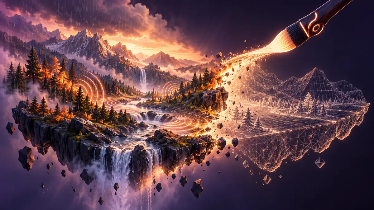 A forest valley half rendered and half still glowing wireframe, with sound waves rippling through the rain