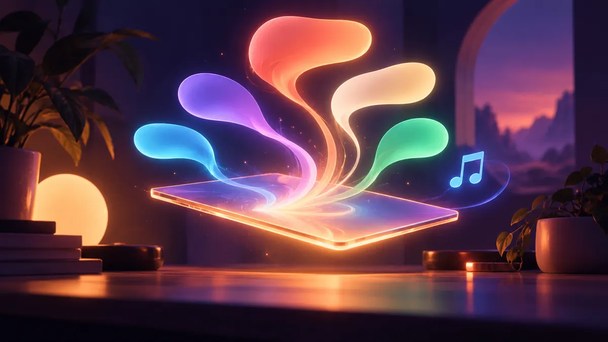 A glowing glass slab with five coloured ribbons of light curling out of it and a small blue music note