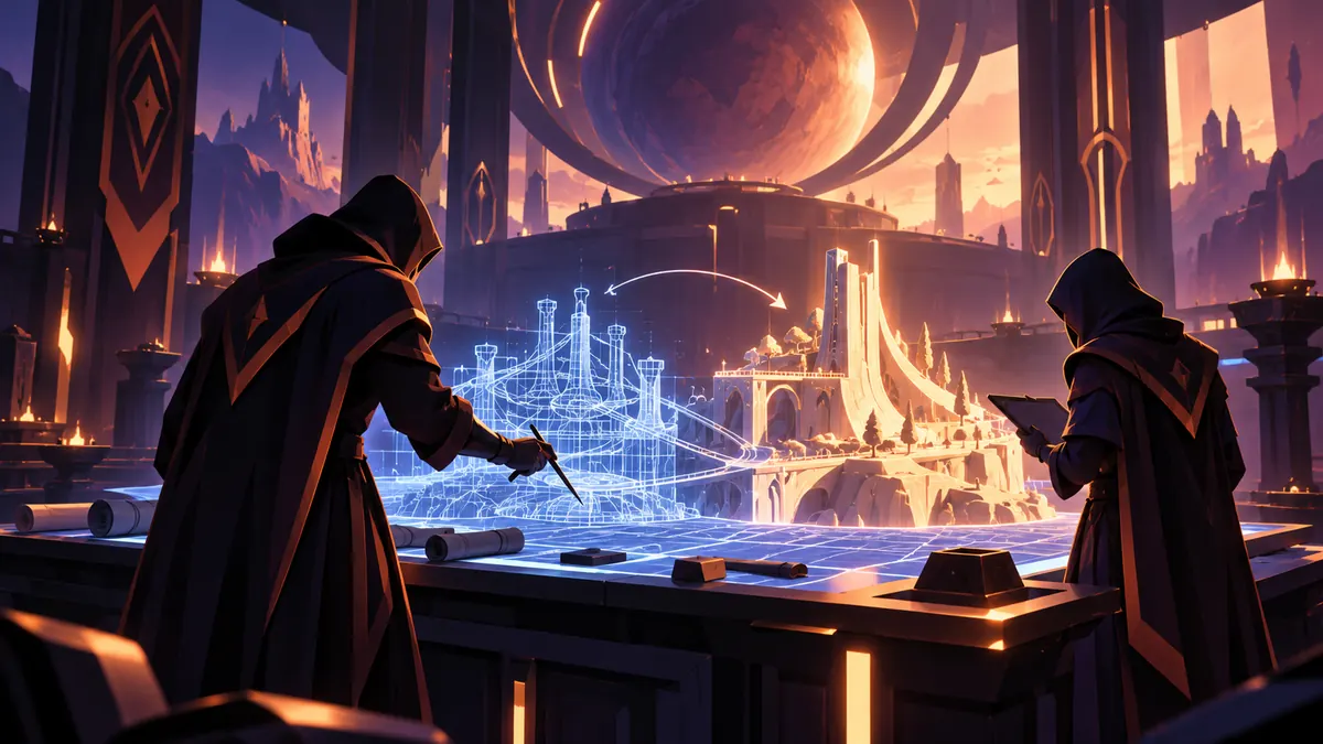 Two hero silhouettes on glowing blueprints in a futuristic HQ