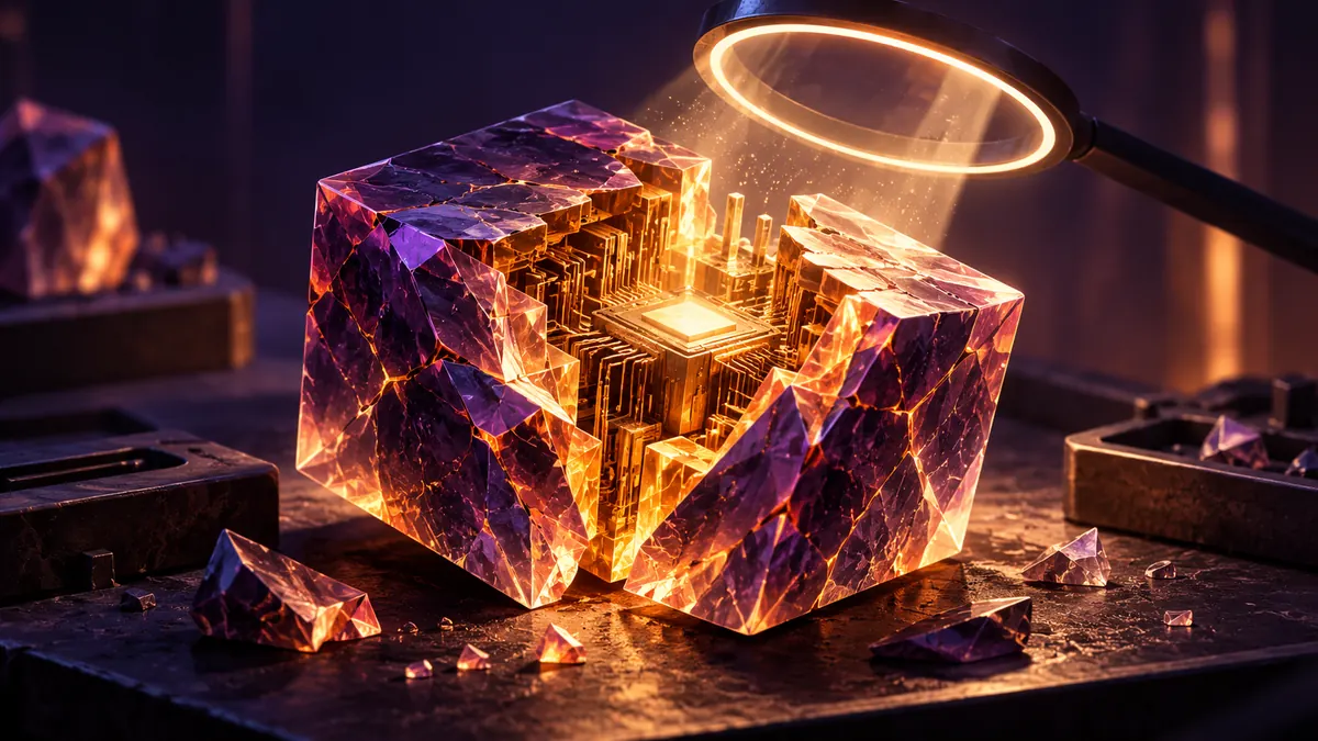 A glowing crystal block split open on a workbench to reveal golden circuitry under a hovering lens of light