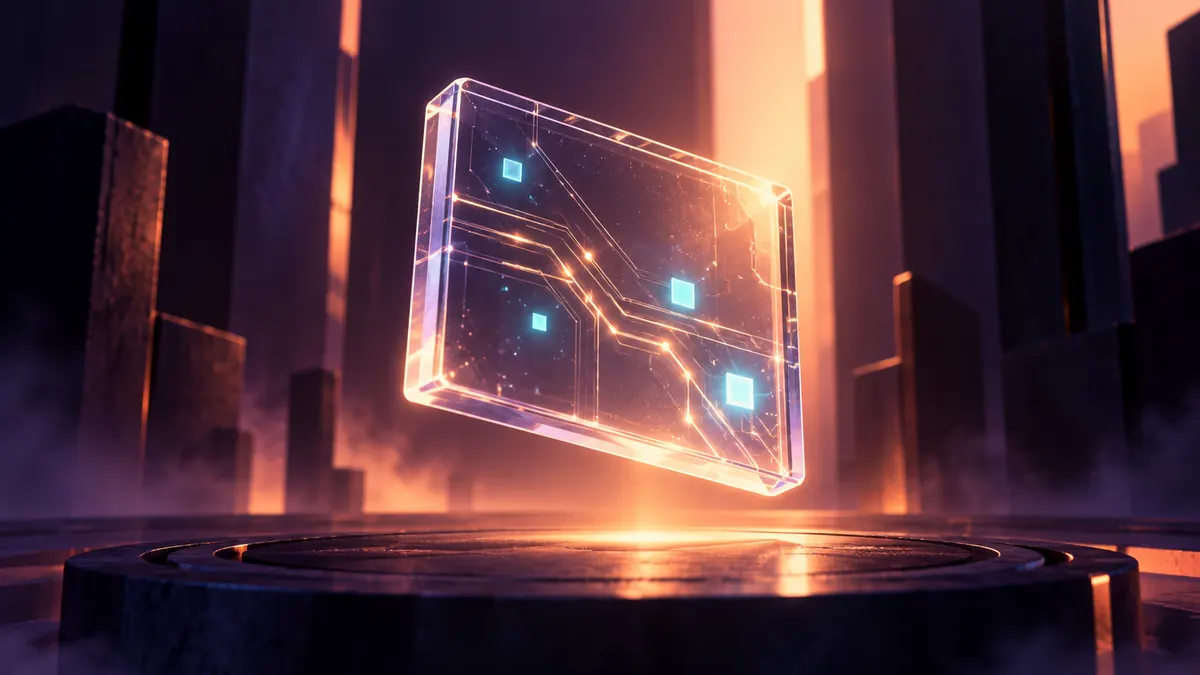A floating pane of clear glass with faint circuit lines and glowing cyan pixels inside it
