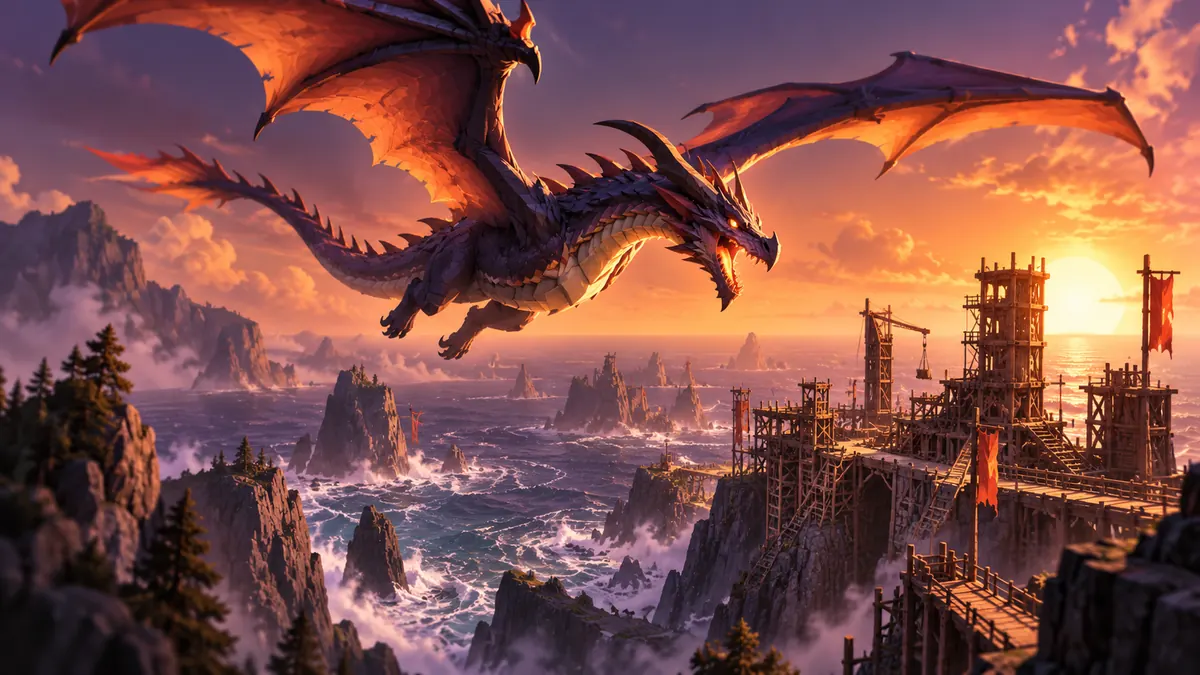 A dragon flies over a half-built wooden fort on a fantasy coast