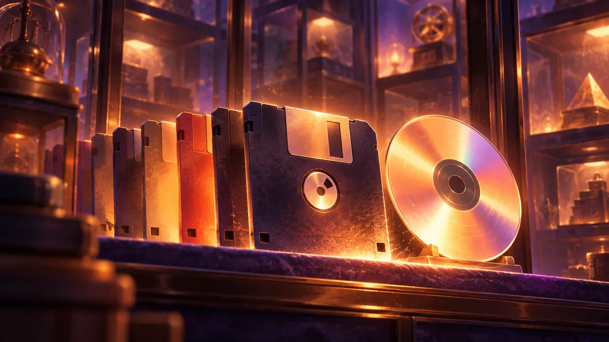 Glowing old floppy disks and a CD on an archive shelf, suggesting classic games being preserved