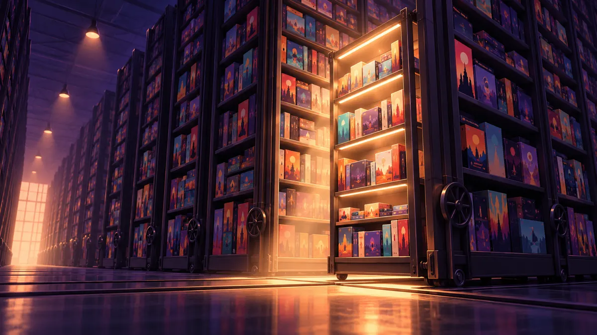 Towering rolling archive shelves packed with thousands of unbranded game boxes, one aisle lit like a library