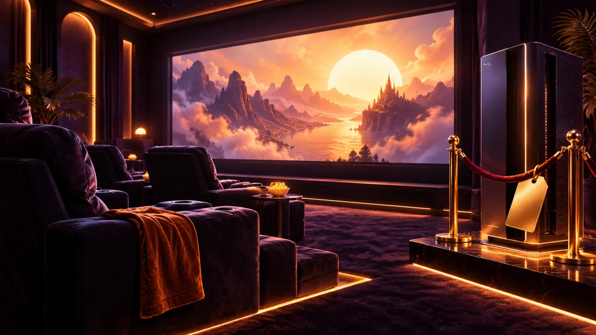 A lavish dark home cinema with plush seats facing a vast glowing screen and a sleek tower humming in the corner