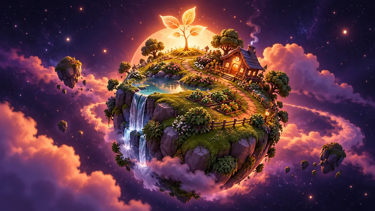Illustration of a small planet with gardens and a glowing sapling floating among stars