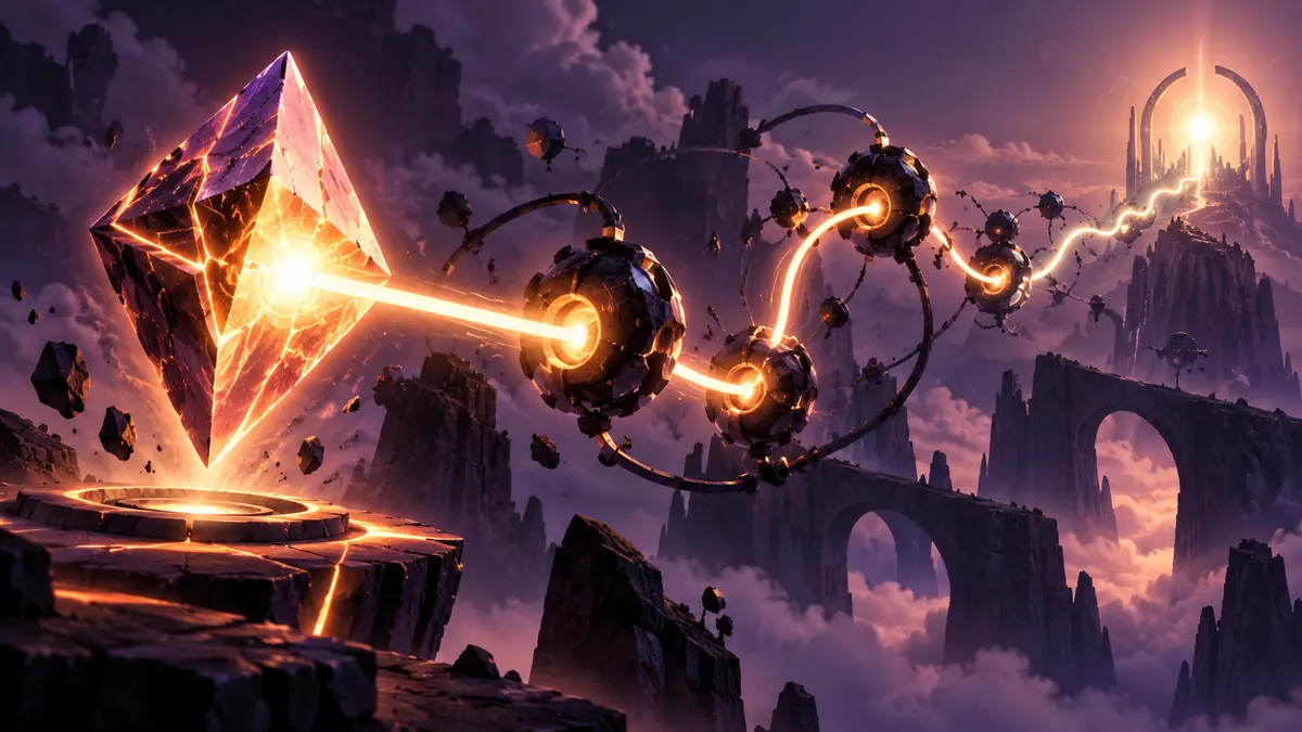 Abstract illustration of a beam of light diverted through dark relay nodes on its way to a distant glow