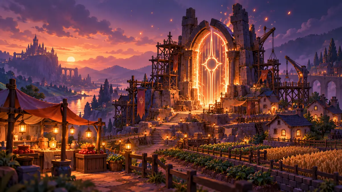 A painterly village being rebuilt around a glowing gate, with crops, scaffolding and embers rising into a dusk sky