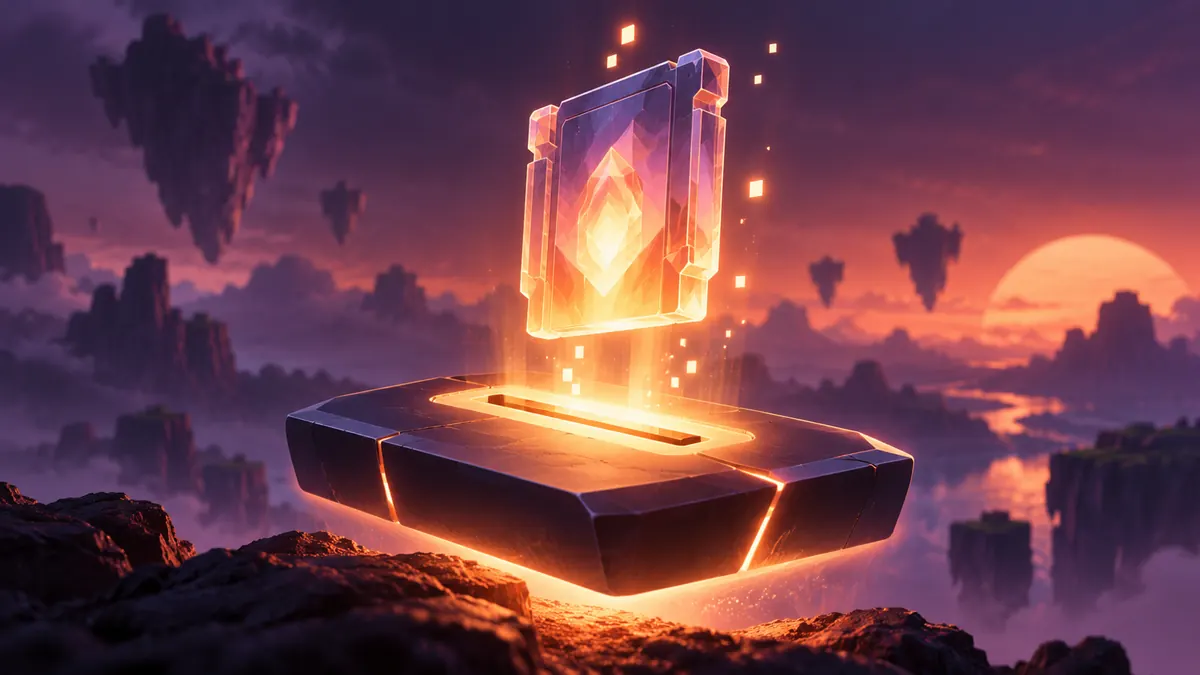 An abstract illustration of a glowing crystal cartridge sliding into a floating slab of light, with pixel-like sparks rising.