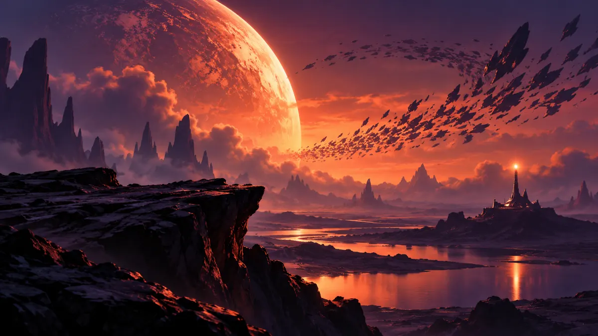 A lone outpost light faces a swarm on an alien horizon