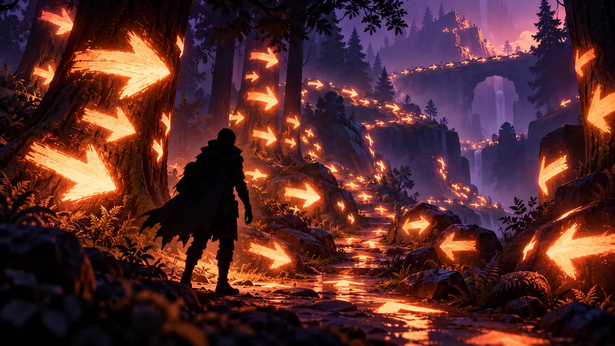 A shadowy hero in a dark forest following a trail of overly bright glowing arrows painted on trees and rocks