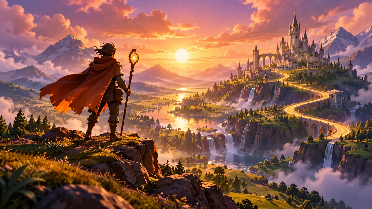 A sunlit fantasy realm with a castle and a glowing path forward