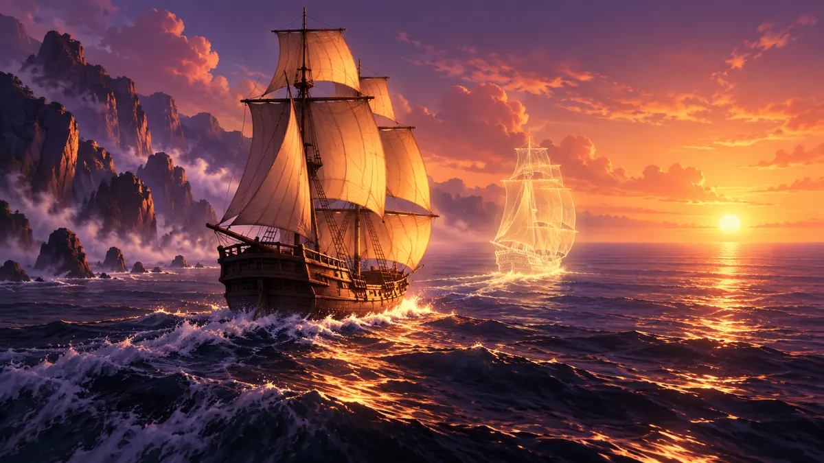 A wooden sailing ship at dawn with a ghostly second outline of itself sailing ahead