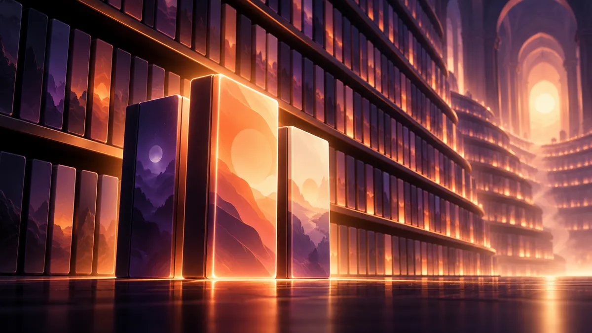 A long library of glowing unmarked game cases with a few brighter new ones at the front