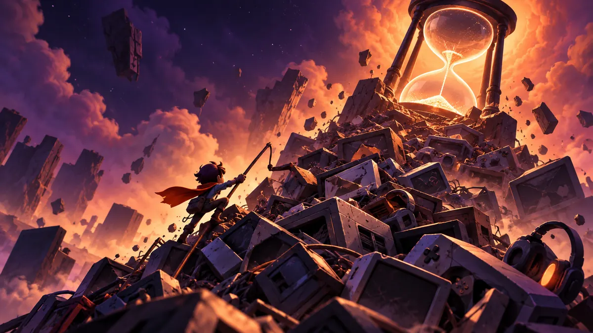 A tiny figure with a pole clings to a towering mountain of floating junk under a nearly empty glowing hourglass